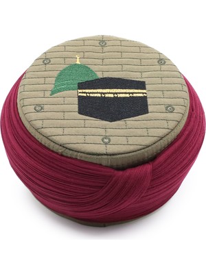 Sarıkhane Hac Umre Sarığı – Bordo Kumaş – Yeşil Takke – Yuvarlak Sarım – Mekke-Medine – 5 Metre