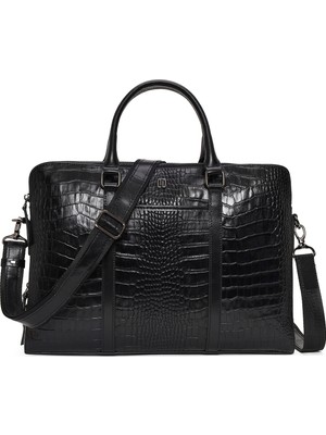 Derimod Unisex Siyah Uzun Askılı Kroko Desenli Deri Evrak Çantası 26SBD3222E3