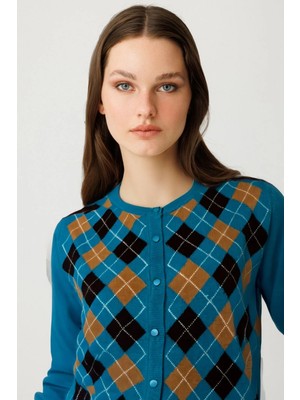 Desen Triko Kadın Sıfır Yaka Önü Baklavalı Yün Hırka A.petrol