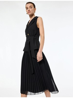 Koton Kadın Kolsuz Kruvaze Kuşak Detaylı Midi Boy Pileli Ceket Elbise 6WAK80071UW