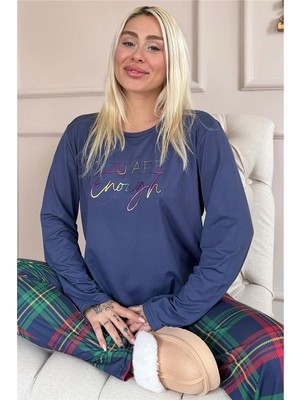 Pijama Evi Lacivert Enough Desenli Bambu Uzun Kol Kadın Pijama Takımı