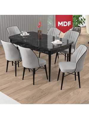 Canisa Uzi Serisi Siyah Mermer Desen 80X132 Açılabilir MDF Mutfak Masası Takımı 6 Sandalye
