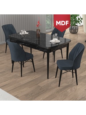 Canisa Uzi Serisi Siyah Mermer Desen 80X132 Açılabilir MDF Mutfak Masası Takımı 4 Sandalye