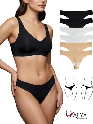 Alya Underwear Lazer Kesim Dikişsiz Tanga Külot, Seamless String 6'lı Paket ( 2 Adet Siyah, 2 Adet Ekru, 2 Adet Ten ) M