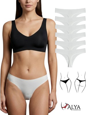 Alya Underwear Lazer Kesim Dikişsiz Tanga Külot, Seamless String 6'lı Paket ( 6 Adet Ekru ) L