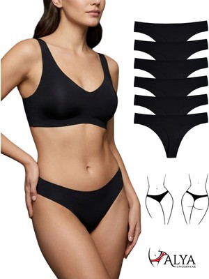 Alya Underwear Lazer Kesim Dikişsiz Tanga Külot, Seamless String 6'lı Paket ( 6 Adet Siyah  ) Xl