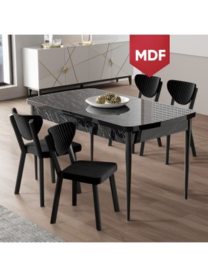 Canisa Exve Serisi 80X132 Açılabilir MDF Siyah Mermer Desen Masa Takımı ve 4 Siyah Sandalye