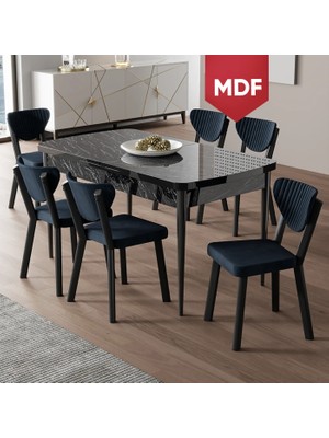 Canisa Exve Serisi 80 x 132 Açılabilir MDF Siyah Mermer Desen Masa Takımı ve 6 Antrasit Sandalye