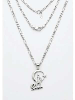 Modahilye 925 Ayar Gümüş Bozkurt Hilal Ay Yıldız Kolye Rodyum Kaplama Türk Bayrağı Temalı Kadın Kolye 55 cm Zincirli