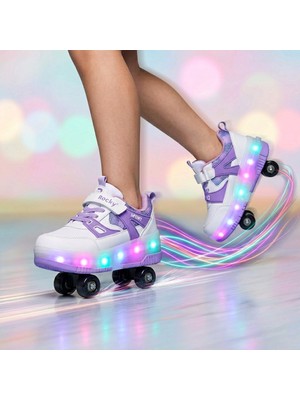 BURUNİ Işıklı Patenli Mor Çocuk Ayakkabısı – LED Tabanlı, Ortopedik, Tekerlekli Spor Ayakkabı, Çift Kullanım (Paten & Günlük)