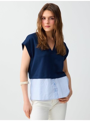 Jimmy Key Lacivert V Yaka Düşük Omuz Etek Ucu Gömlek Detaylı Örme Bluz