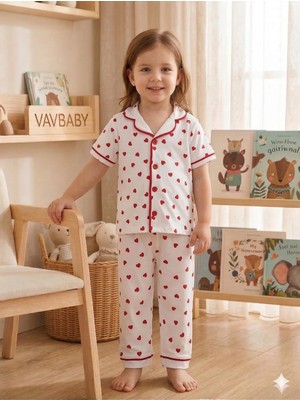 Vavbaby Kız Çocuk Pamuklu Kruvaze Yaka Önden Düğmeli Küçük Kalp Desenli Mevsimlik Alt Üst Pijama Takım