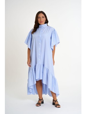 HANIQA Kolları Fırfırlı Çizgili Gömlek Elbise