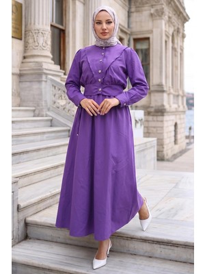 Ceketli Cepli Beli Bağlamalı Jile Elbise Mor HM262785