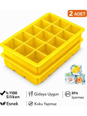 Evolis Kitchen 2ADET 15 Bölmeli Büyük Boy Silikon Buz Kalıb-Kare Buzluk Kokteyl Sunum Buz Kalıbı Et Suyu Saklama