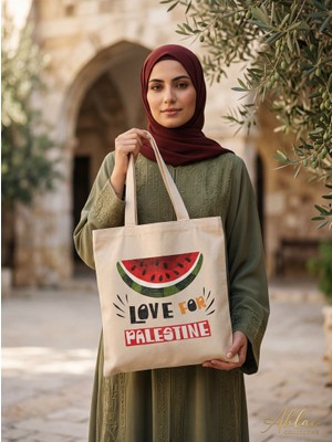 Geleneksel Filistin Yarım Karpuzlu "love For Palestıne" Dijital Baskılı El Hambez Çanta 35*40 cm
