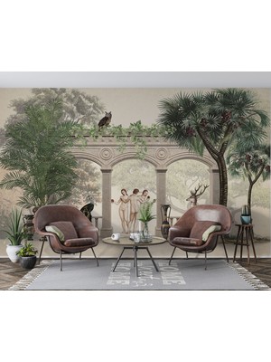 Lotus Aura Antik Sütunlar ve Heykeller Duvar Kağıdı, Mitolojik Bahçe Duvar Posteri