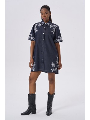 HANIQA Nakışlı Kot Elbise