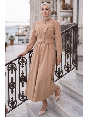 Ceketli Cepli Beli Bağlamalı Jile Elbise Camel HM262785