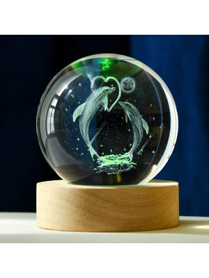 Die Grup Dekoratif Yunus Balıkları Tasarımlı Ahşap Altlıklı Işıklı Cam Küre Cam 6 cm Ahşap 2 cm