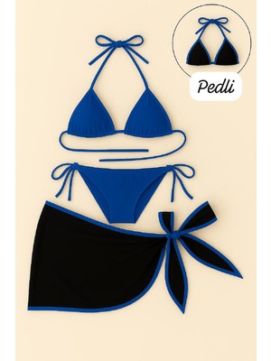 Pms Kadın Mavi Pareolu Yandan ve Boyundan Bağlamalı 3'lü Bikini Takımı