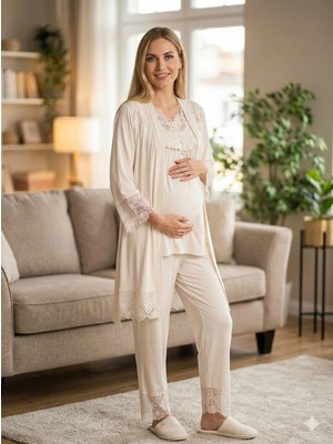 Pms Bone 6216 Kadın 3'lü Viskon Sabahlıklı Lohusa Pijama Takımı