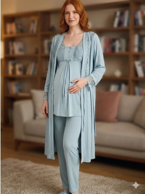 Pms Bone 6205 Kadın 3'lü Jakarlı Sabahlıklı Lohusa Pijama Takımı