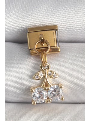 Die Grup 316L Çelik Gold Renk Sallantı Zirkon Taşlı Kiraz Model Nomination Charm - TJ-BC1356