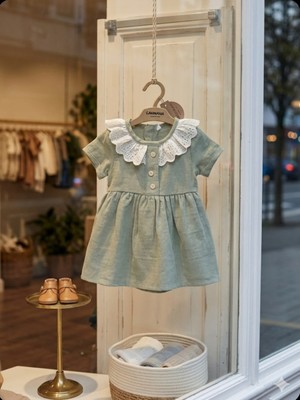 Kidzes Pamuk Keten( Müslin Tarz ) Kız Bebek Yeşil Yazlık Elbise