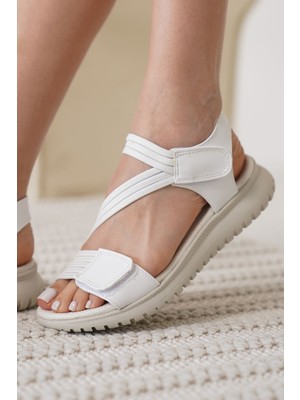 Zerenyus Vegas Premium Cırtlı Ortopedik Beyaz Kadın Sandalet