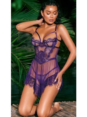 Pileli Store Mor Dantel Transparan Gecelik Takımı Külotlu Kadın Iç Giyim