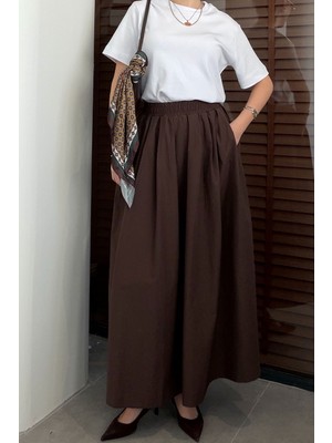 Magarde Poplin Beli Lastikli Cep Detay Etek- Kahverengi