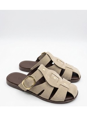 Vonje Spring Bej Bantlı Kafes Model Tokalı Arkası Açık Terlik