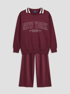 Lcw Bordo New York Baskılı Kız Çocuk Sweatshirt ve Eşofman Altı