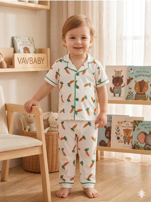 Vavbaby Pamuklu Kruvaze Yaka Önden Düğmeli Havuç Desenli Mevsimlik Alt Üst Pijama Takım (Beyaz)