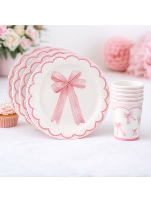 PremiumPort Fiyonk Temalı Pembe Beyaz Karton Tabak ve Bardak Seti, 23 Cm, 16 Parça