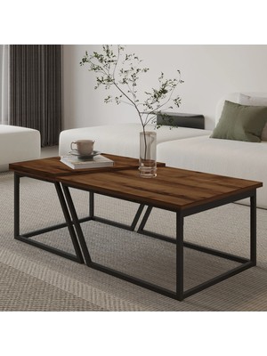 İnarch Dizayn Inarch Dizayn Verona Ikili Orta Sehpa – Modern Tasarım Metal Ayaklı Sehpa Seti, Antik Ceviz