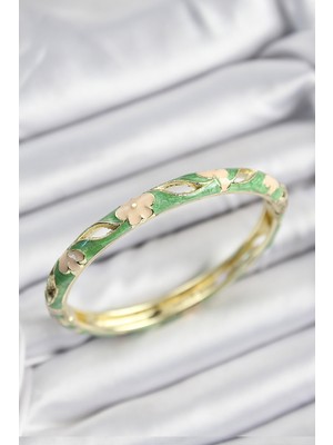 Die Grup Mineli Pirinç Yeşil ve Krem Çiçek Motifli Gold Renk Kadın Kelepçe - TJ-BB7371