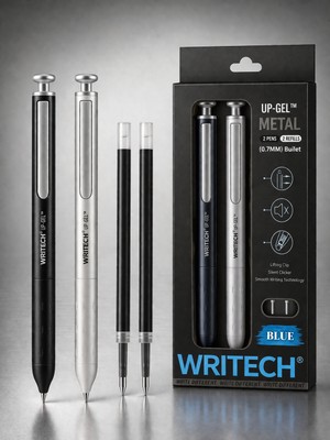 Writech Metal Gövdeli 2'li Jel Kalem Seti - 0.7 mm Uc + 2 Yedek Mürekkep Kapsülü (Mavi Mürekkep)