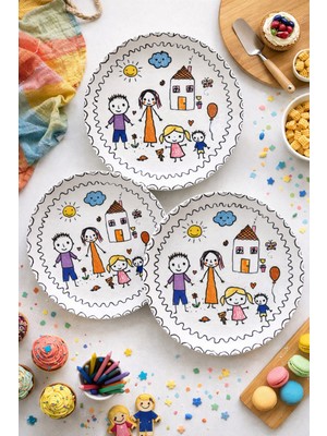 PremiumPort Renkli Aile Temalı Çocuk Desenli 20 cm Pasta Tabağı 6’lı Set