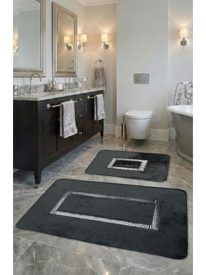 Feel Home Meram Kaymaz Taban, Yumuşacık, Emici 2'li Ultra Lüks Deri Detaylı Banyo Paspası Seti