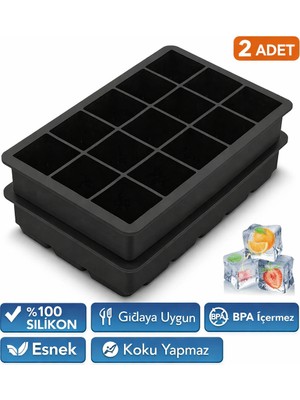 Evolis Kitchen 2ADET 15 Bölmeli Büyük Boy Silikon Buz Kalıb-Kare Buzluk Kokteyl Sunum Buz Kalıbı Et Suyu Saklama