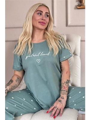 Yeşil Grateful Heart Desenli Bambu Kısa Kol Kadın Pijama Takımı