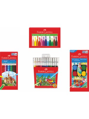 Faber-Castell Ekonomik 12'li Okul Seti Renkli Pastel Boya, Suluboya ve Keçeli Kalemler ile Tam Set