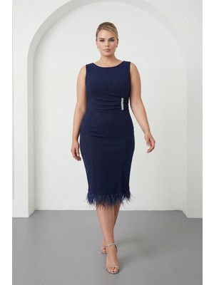 Lafaba Kadın Lacivert Bisiklet Yaka Taşlı Büyük Beden Abiye Elbise