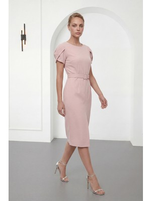 Lafaba Kadın Pudra Bisiklet Yaka Kemerli Midi Davet Elbisesi