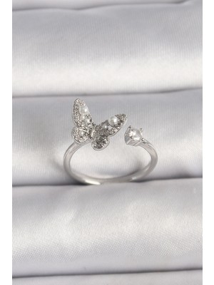 Lims Store Pirinç Gümüş Renk Zirkon Taşlı Kelebek Model Inci Detay Ayarlanabilir Yüzük