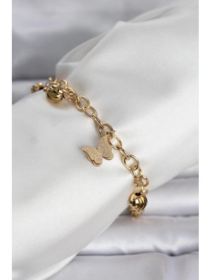 Butik 316L Çelik Gold Renk Kelebek ve Dorikalı Kadın Bileklik