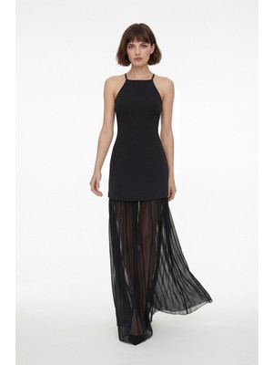 Lafaba Kadın Siyah Halter Yaka Uzun Mezuniyet Elbisesi