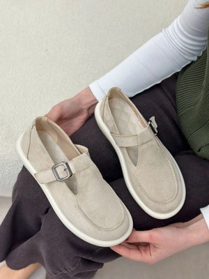 Erva'nın Butiği Bej Süet (Olivia) Toka Detaylı Kadın Loafer
